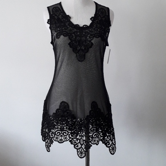 LaTorre Designs Tops - Black Embroidered mesh Tank Top with scalloped hem